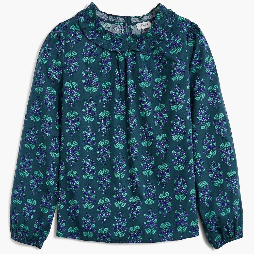 J. Crew Ruffleneck Teal Purple Floral Long Sleeve Poplin Blouse Large - Picture 1 of 9